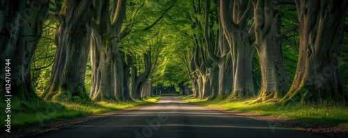 A tranquil tree-lined road, shaded with leafy branches, creating an enchanting tunnel-like effect under the lush green foliage on a sunny day.