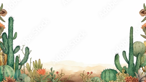 Watercolor frame featuring cacti and desert animals detailed textures