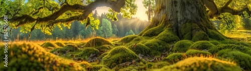 Sunrise over a lush forest with moss-covered ground and a towering ancient tree trunk, creating a serene and magical atmosphere.