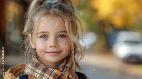 Happy little white girl looking at camera ready to go back to school, early autumn. Generative AI.