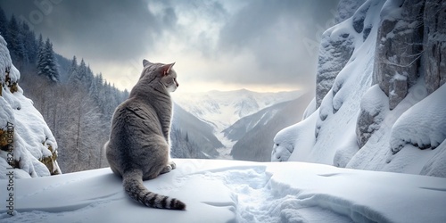 rear view of a British shorthair cat staring into a snowy ravine
