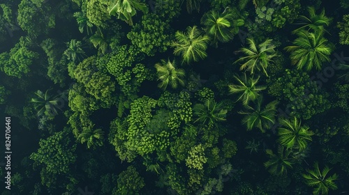 Aerial view of lush green rainforest canopy showcasing dense foliage, various tree species, and untouched nature. Perfect for nature and conservation themes.