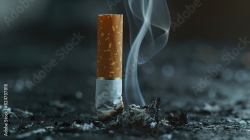 A lit cigarette with smoke rising, suitable for illustrating addiction or relaxation