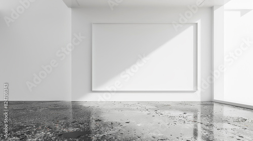 Blank frame in an empty room with a white wall and a basalt floor. Ultra HD 3D render, SEO-optimized.