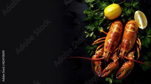 Fresh lobsters served with zesty lemon and garnished with parsley. Perfect for seafood lovers and restaurant menus