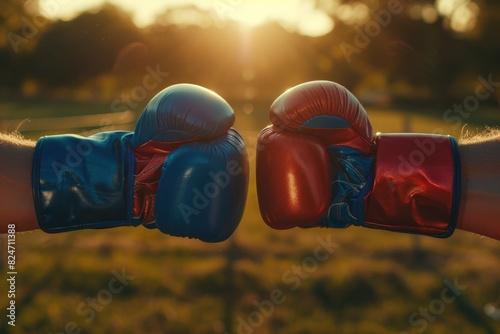 A pair of red and blue boxing gloves. Suitable for sports and fitness concepts