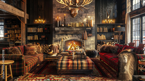 A cozy, cabin-inspired living room with a plush, plaid-upholstered sofa, a stone fireplace, and a show-stopping, antler chandelier