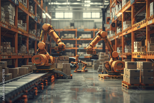 Automated Robot Carriers And Robotic Arm In Modern Distribution Warehouse 