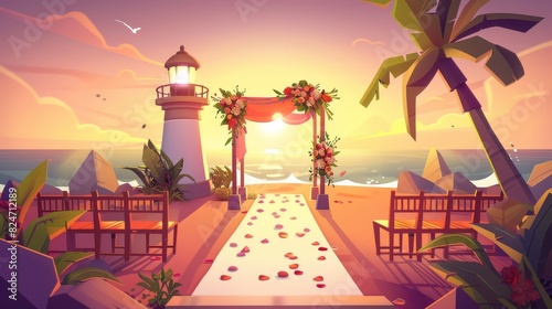 An outdoor wedding ceremony at sunset on the shore with a lighthouse and altar beneath an arch draped in flowers is depicted in this cartoon modern illustration.