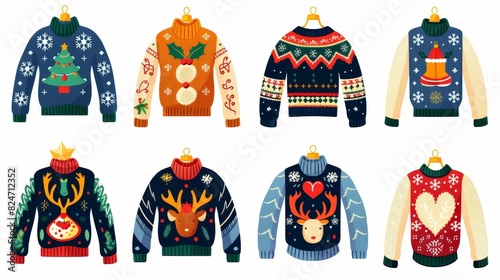 Christmas ugly sweater party icons. Knitted ornament.