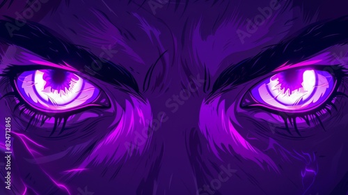 From Generative AI, a close-up of a purple fierce glowing eyes guy anime cartoon