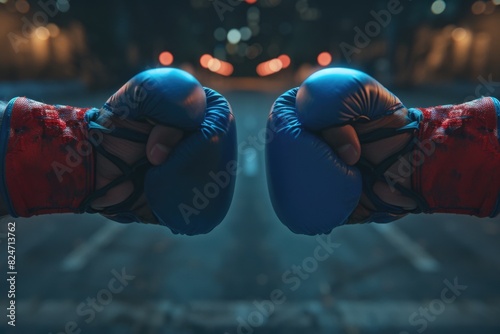 Blue boxing gloves laying on urban sidewalk, suitable for sports and fitness concepts