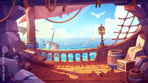 Cartoon illustration of wooden pirate deck onboard a pirate ship, wooden boxes and barrels, a mast with ropes, lanterns, and a skull buccaneer flag on a seascape background with rocky cliffs.