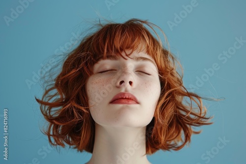 cute girl with red bob hair, bangs and closed eyes smiling on blue background