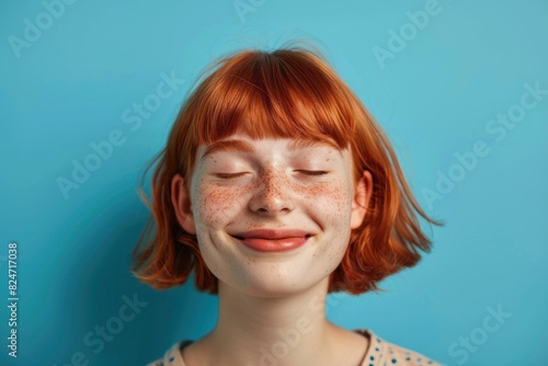 cute girl with red bob hair, bangs and closed eyes smiling on blue background