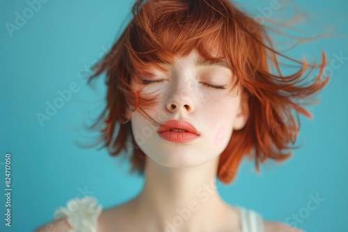 cute girl with red bob hair, bangs and closed eyes smiling on blue background