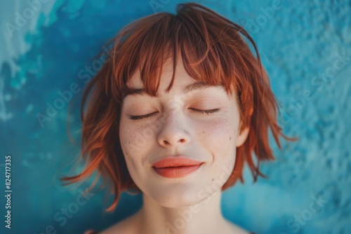 cute girl with red bob hair, bangs and closed eyes smiling on blue background