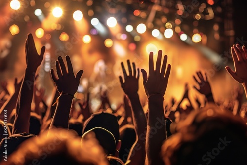 Crowd cheering and clapping at concert or live show, stage light background with copy space for text stock