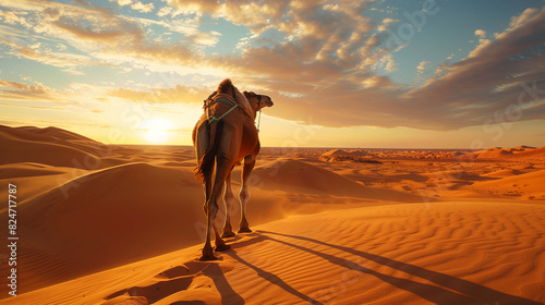 A lone camel forges ahead through the barren desert landscape