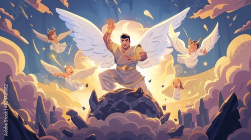 This cartoon shows an Asian super hero god smashing the earth into pieces and reincarnating all the earthling people into angels to become a destructive hero god