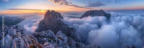 Views of Stunning Slovenian Alps Landscape at Sunrise. Breathtaking Mountain Peak Above Clouds