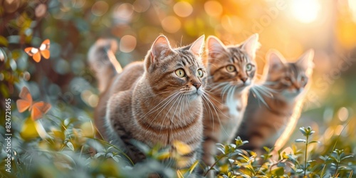 Three adorable tabby cats playfully romp in the lush green grass, their curious eyes reflecting pure joy