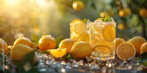 Refreshing lemonade in a glass with ice, mint, and citrus slices, a perfect summer drink