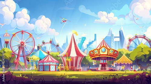 Carnival, amusement park, and carnival and festive fair cartoon modern illustration. A circus tent with an arrow pointer, a carousel, merry-go-round, a ferris wheel, and a rollercoaster. A children's