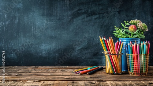 dark background with chalkboard, school supplies on a wooden table