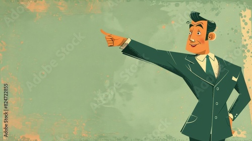 Retro cartoon of a businessman gesturing towards something interesting.