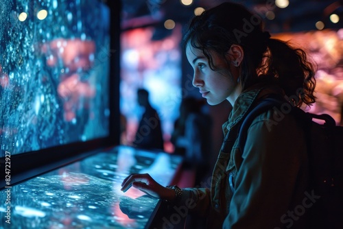 A woman interacts with a video screen at a museum exhibit