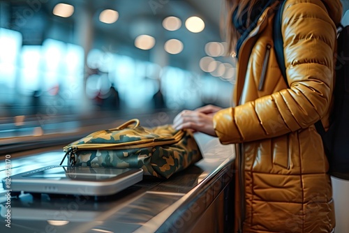 A woman wearing a yellow jacket is at an airport, possibly checking in or waiting for a flight