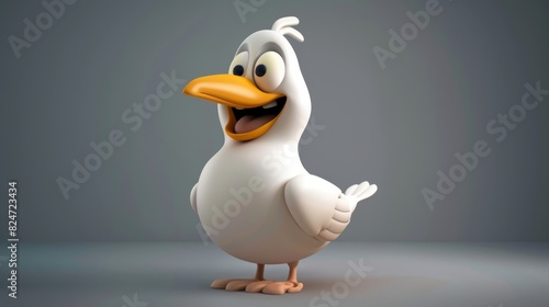 A cute 3D cartoon featuring a seagull character. Stock AI.