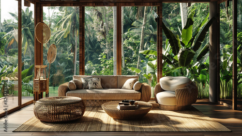 A luxurious, tropical-inspired living room with a plush, rattan sofa, a statement, woven-bamboo coffee table, and a show-stopping, floor-to-ceiling window