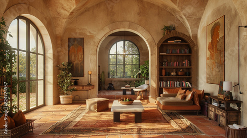 A Mediterranean-style living room with terracotta tiles, arched doorways, and rustic, earthy tones. 