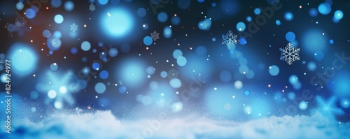 青い背景の雪の結晶とボケの光