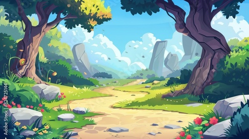 Illustration depicting an enchanting cartoon forest land with realistic artwork style, appropriate for wallpaper, game backgrounds, and cards. Stock AI.