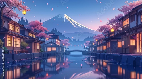 This is a beautiful Japan village town in the morning. A Buddhist temple shinto is located in the sea river, cherry blossoms are growing, and Mount Fuji is in the distance.