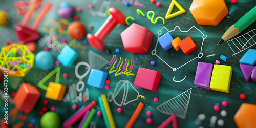 School objects background 3d rendered, Lively backtoschool backdrop featuring an explosion of vibrant geometric shapes