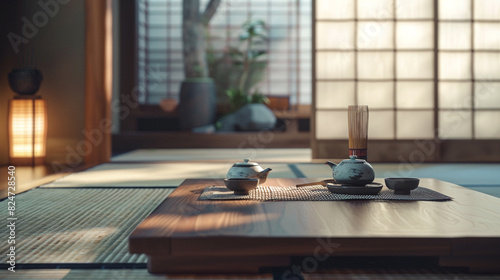 A minimalist living room with a Japanese-inspired tatami mat floor and a low wooden table set for a tea ceremony. The focuses on the simple elegance