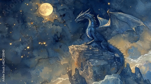A blue dragon perches on a rocky outcropping beneath a full moon.