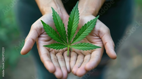Hands holding a cannabis leaf