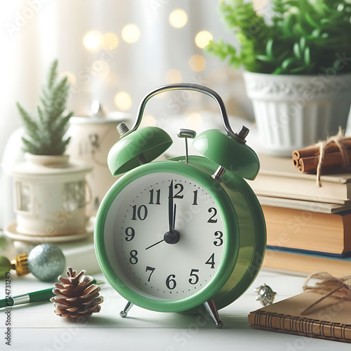 alarm clock and christmas decorations