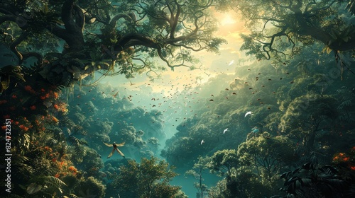 The image is a digital painting of a lush forest