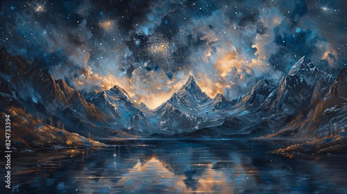 The majestic mountain range is reflected in the calm lake below, while the sky above is filled with stars.