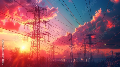 The photo shows the beauty of high voltage electric towers at sunset. The sky is ablaze with color, and the towers are silhouetted against the vibrant backdrop.