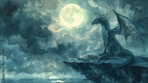 The silver dragon perches on the cliff's edge, its massive wings folded against its back. The moon shines brightly overhead, casting a shimmering light across the dark waves below.
