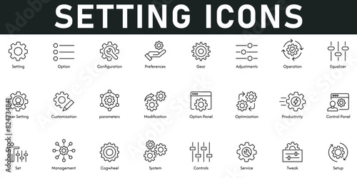 Setting Icons vector illustration with thin line editable stroke containing options, configuration, preferences, adjustment, operation, equalizer, user setting, customization, parameters, modification