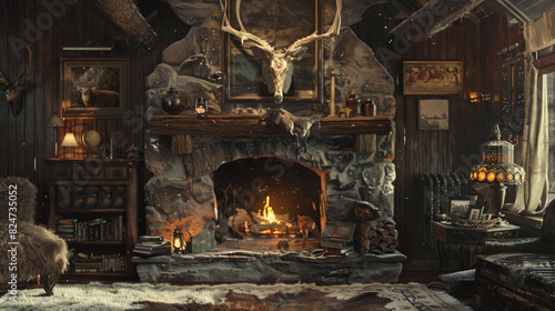 A rustic cabin living room with a massive stone fireplace and a collection of animal mounts adorning the walls. The focuses on a worn bearskin rug