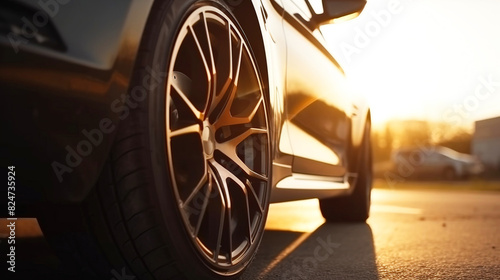 Dia do motorista, the international holiday of drivers. Car wheel in the rays of the evening sun. AI generated.